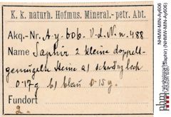 Etiketten zu Korund (Saphir) (NHMW-MIN-Ay606)